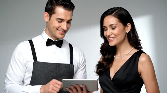 A waiter shows a tablet to a woman in a formal dress, both smiling. Neutral background