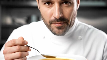 Professional chef tasting hot delicious soup in a white bowl, enjoying the flavor in a restaurant kitchen