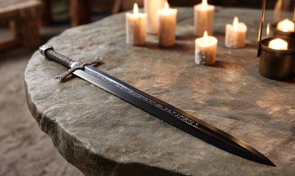a longsword over a stone table, the sword has a pitch-black blade with silver futhark runes engraved in its base, the room is illuminated by torches