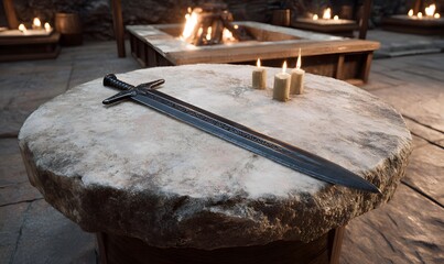 a longsword over a stone table, the sword has a pitch-black blade with silver futhark runes engraved in its base, the room is illuminated by torches