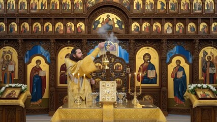 Orthodox Priest Incense Censer During Divine Liturgy in Ornate Church
