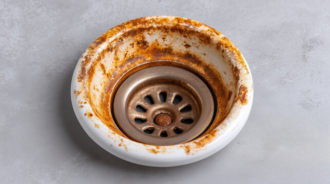 Old rust stained sink drain with metal strainer on pastel grey background, showing corrosion and wear in close up detail