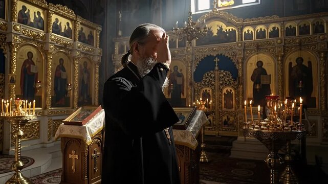 Orthodox Priest Praying in a Candlelit Church Cinematic Footage