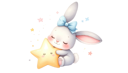 Cartoon bunny with closed eyes cuddling a star, surrounded by whimsical stars