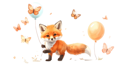 Animated fox holding balloons, surrounded by butterflies. Whimsical design with orange hues