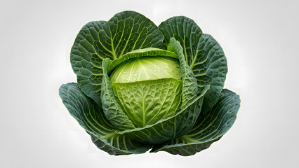 Obraz premium Fresh green cabbage with layered leaves and water droplets, isolated on a white background, symbolizing healthy eating, organic vegetables, and natural food ingredients.