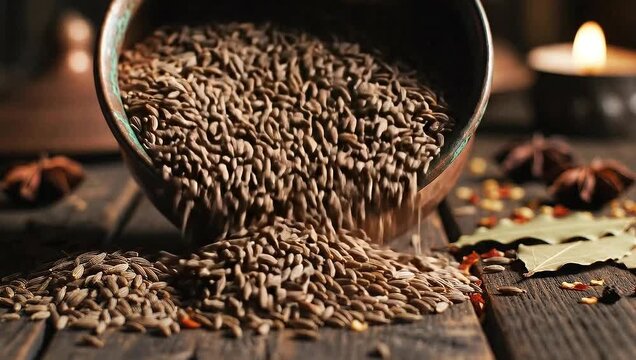 Close up of cumin seeds in a copper bowl on a wooden surface