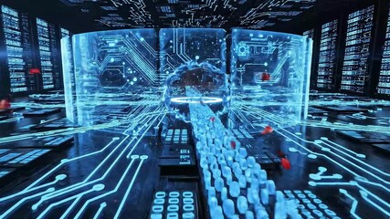 Futuristic technology room with glowing blue circuits and data visualization - Powered by Adobe