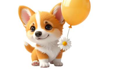 A cartoon corgi smiles, holding a daisy and yellow balloon on transparent background