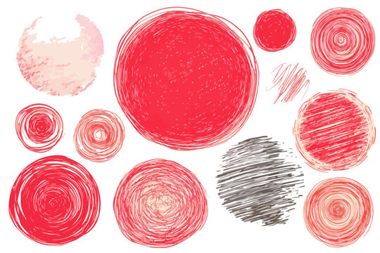 Sammlung handgezeichneter, gekritzelter Kreise in Rot, Rosa und Schwarz mit Aquarelltextur, ideal als transparente Designelemente f&uuml;r kreative Projekte.