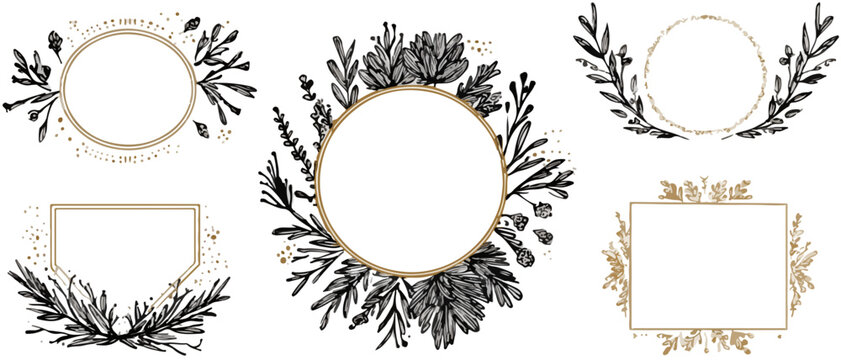 Elegante handgezeichnete botanische Rahmen und Kr&auml;nze mit goldenen Akzenten, ideal f&uuml;r Einladungen und Designprojekte auf transparentem Hintergrund.