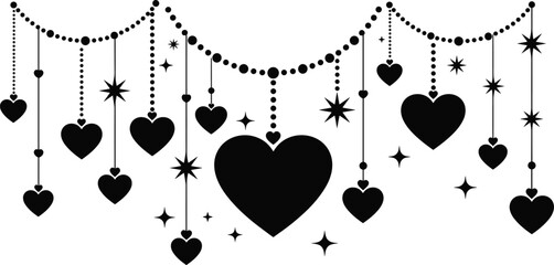 Black heart silhouette hanging garland background with stars, romantic decorative border for Valentine's Day greeting cards, wedding invitations, and love banners © Itz Majbahuil Here