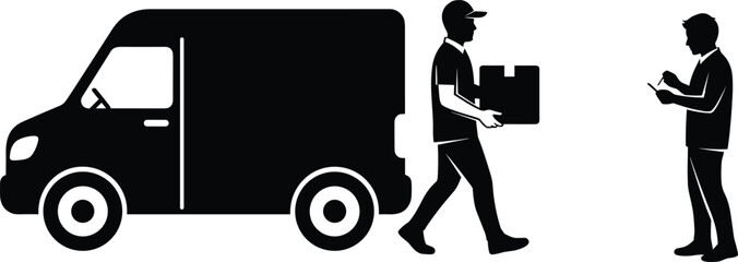 Delivery service silhouette, courier with package, recipient signing, black vector illustration, logistics concept, shipping process, e-commerce, transportation scene