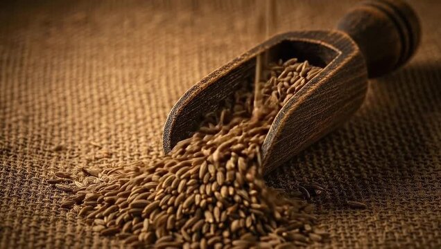 Close up of cumin seeds in wooden scoop on textured fabric