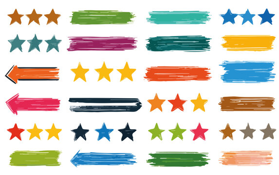 Sammlung von handgezeichneten Sternen, Pinselstrichen und Pfeilen in leuchtenden Farben, ideal als transparente Grafik-Elemente f&uuml;r Designprojekte und Bewertungen.