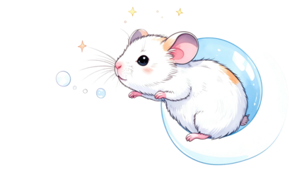 A cute, white mouse with pink ears and a touch of orange, peeking from a moon