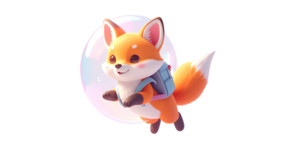 A cheerful cartoon fox with a backpack floating inside a large, iridescent bubble
