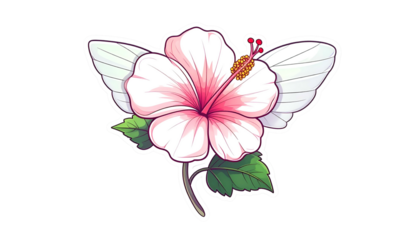 A stylized white and pink hibiscus flower with butterfly wings, leaves, and stem on black