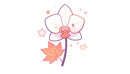 Stylized illustration of a cute white orchid with a smiling face and a fall leaf