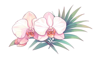 Two pastel orchids with green leaves arranged against a transparent background