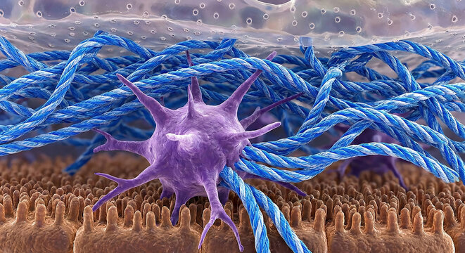 Liver Fibrosis Mechanism: Stellate Cell depositing Collagen Fibers in Space of Disse. 3D visualization of cirrhosis onset and sinusoidal capillarization