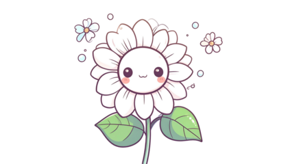 Cute cartoon daisy with smiley face, petals, leaves, and bubbles on a black background