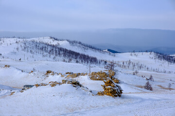 Tazhenranskaya steppe in winter on west coast of Lake Baikal, Siberia