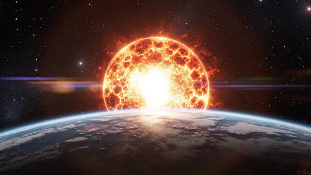 Epic depiction of a celestial body exploding over planet Earth.