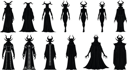 Horned humanoid silhouette vector, fantasy characters, dark robes, mythical beings, black illustration, supernatural design, demon figures, occult theme, eerie style