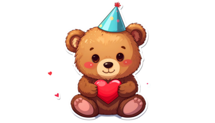 Adorable cartoon teddy bear wearing party hat, holding a heart, with hearts floating