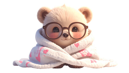 Adorable cartoon bear cub with glasses wrapped in a blanket, blush cheeks