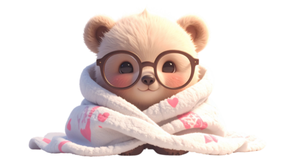 Adorable cartoon bear cub with glasses wrapped in a blanket, blush cheeks