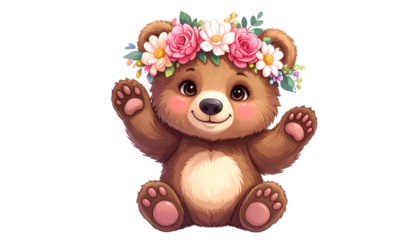 Cartoon brown bear, flower crown, waving paws, soft fur, on a black background