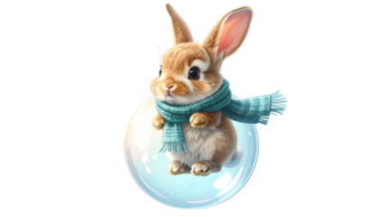 A cute bunny with scarf inside a bubble. Rendered in a whimsical and bright style