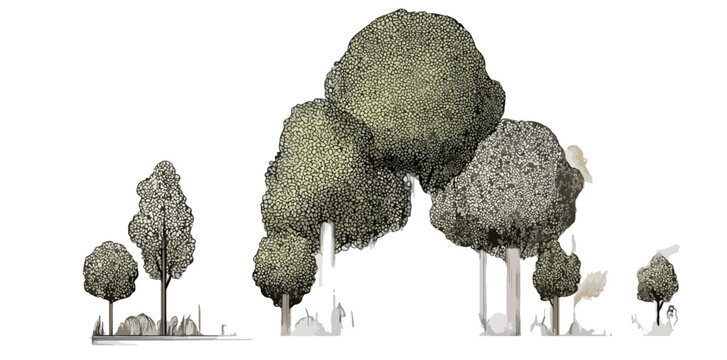 Conjunto de &aacute;rboles y arbustos ilustrados con detalle, perfectos para composiciones de dise&ntilde;o gr&aacute;fico con fondo transparente.