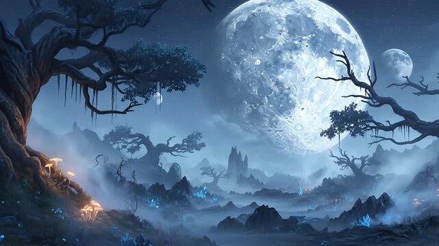 Pixel Art Mystical Forest at Night with Giant Moon and Glowing Flora