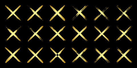 Fototapeta premium Golden grunge crosses, brush strokes, lines, ink smudges, hand-drawn scribble shapes. Handmade sketchy marks, acrylic stains, charcoal streaks. Paint textures, dry brush effect. Vector illustration