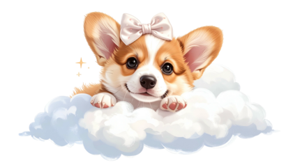Adorable cartoon corgi puppy with a bow atop a fluffy cloud, sparkling