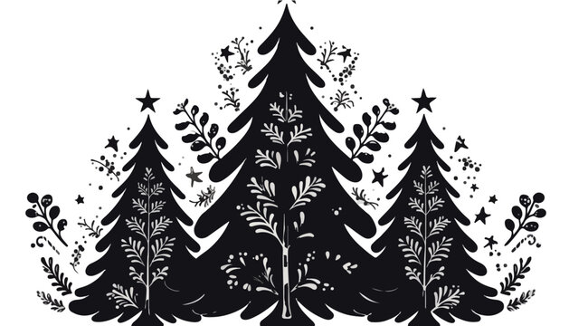 Ilustraci&oacute;n vectorial de tres &aacute;rboles de Navidad decorados con estilo folk art, en blanco y negro, ideal para dise&ntilde;os festivos y tarjetas.