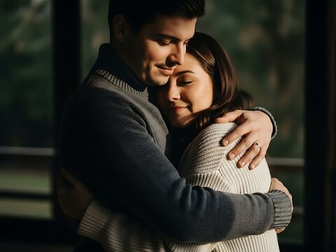 Romantic young couple sharing a tender embrace while wearing warm knitted sweaters, woman resting her head on her partner's shoulder.