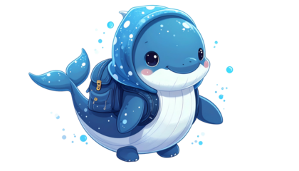 Adorable cartoon whale wearing a backpack and hooded jacket, surrounded by bubbles