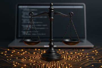Digital Justice: An image symbolizing the balance between technology and law, featuring scales of justice superimposed on a circuit board, with a laptop displaying code in the background.
