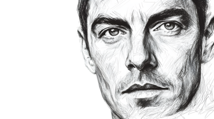 A black and white sketch portrait of a man with a serious expression