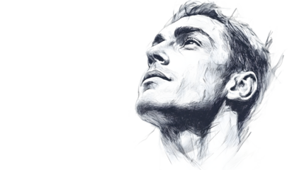 A dramatic black and white portrait of a man looking upwards with a sense of hope and inspiration