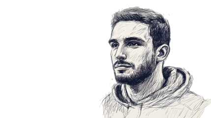 A sketch portrait of a young man with a beard and hoodie on a black background