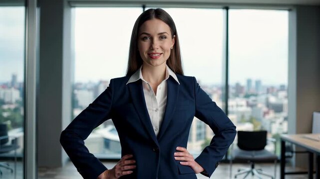 Businesswoman stands confidently in office