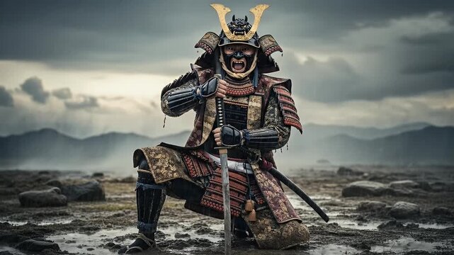 Pixel Samurai Warrior Kneeling in Muddy Field Dramatic Lighting
