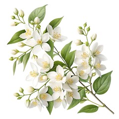 Obraz premium Beautiful white jasmine flowers with green leaves on branch