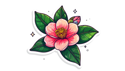 Pink flower illustration with vibrant colors and green leaves, sticker design