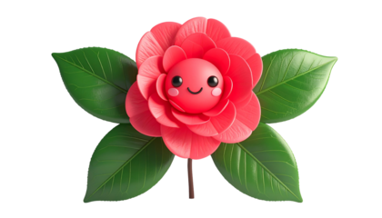 A cheerful cartoon flower with a face, surrounded by green leaves on a black backdrop
